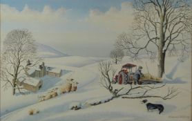 Edward Wilkins (British contemporary) 'Winter in Dyfed, Wales' snowy farming scene with tractor