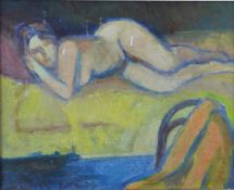 Granville Cedric Rogers (British/American, 1915-2005, RA) oil on board nude lady, signed lower left,