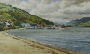 Jas (James) Wallace (b1925) watercolour landscape Scottish coastal scene with boats by a jetty,