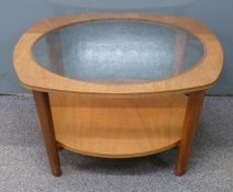 G Plan retro / mid century modern style glass inset coffee table with undershelf, D78 x H37cm