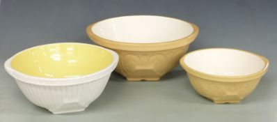 Three T G Green mixing bowls, largest diameter 33cm