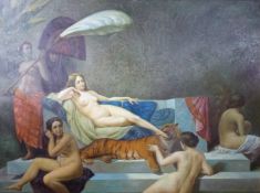 Large Victorian style oil on canvas, harem scene nude ladies relaxing with a tiger, 90 x 120cm, in