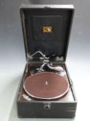 His Master's Voice 1930s portable wind-up gramophone in black Rexine finish