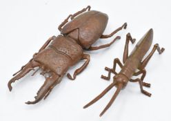 Two Japanese bronzes, a beetle and grasshopper, both signed to base, largest 12.5 x 5cm