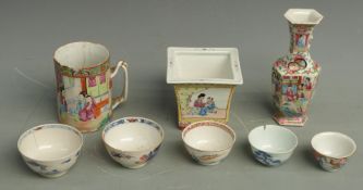 Eight pieces of Chinese ceramics comprising famille rose vase (H18.5cm) and tankard, square