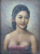 Oil on canvas laid on board of young woman, possibly Polynesian, indistinctly signed Abdu, 44 x