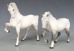Five Beswick palomino and grey horses including three Stocky Jogging Mares, racehorse etc