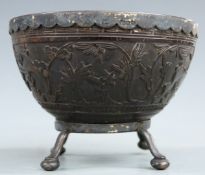 Chinese carved coconut tea bowl decorated with a deer amongst foliage, probably Kangxi with later