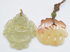 Chinese jadeite pendant in the form of a vase and flowers and another hardstone pendant