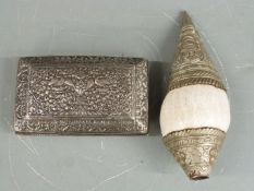 A white metal Indian box and a shell, mounted with white metal, largest L21cm