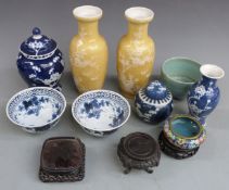 Chinese ginger jars, celadon style dish, pair of vases, hardwood stands, cloisonné etc, tallest