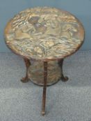 Chinese carved side table with three monkeys amongst foliage to top, D45 x H60