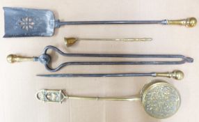 A set of Georgian / Victorian fire irons and a chestnut roaster