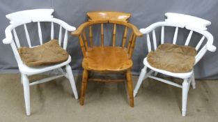 Three elm seated elbow chairs (two painted white)