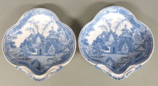 Pair of 19thC transfer printed dishes blue and white with deer decoration