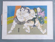 Japanese hand coloured print of Sumo wrestlers, overall size 26 x 35mm
