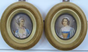 Two watercolour portrait miniatures of women in period dress, monogrammed bz, H8cm