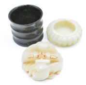Chinese jade carving depicting two phoenix (5.5cm), a nephrite jade cup (4cm) and a jade bowl, 1.