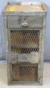 Air Ministry industrial/ haberdashery iron and mesh cupboard with drawer above, W46 x D46 x H100cm