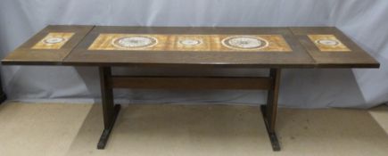 Retro Danish Farstrup tile inset dining table and six chairs (2+4), the table with double end