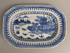 A 19thC Chinese octagonal blue and white export plate, 71.5 x 25cm