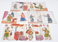 A collection of ten Indian hand decorated celluloid paintings of figures, court scenes, everyday