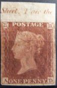 Great Britain 1852 1d red imprimatur Die 1 Alph 2 with small crown, AD plate 136 with top margin