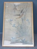 Pair of Chinese / Japanese oil on silk painting of geese, one with seal marks lower right, each