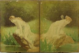 Framed Pre-Raphaelite style portrait of a girl together with two similar portraits on wooden panels,