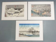 Three Japanese woodblock prints after Ando / Utagawa Hiroshige (1797-1858), 'Snowfall at