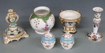 Bloor Derby pot pourri, Spode, Imari candlestick, pierced tazza base etc, tallest 16cm