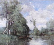 Paul Désiré Trouillebert (French 1831-1900) oil on canvas boatman on a tree lined river, signed