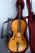 Antonius Stradivarius 20thC copy cello, with two piece 75cm back, in fitted case with two bows, 59