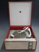 Marconiphone portable record player with Garrard deck, in red Rexine finish