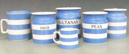 T G Green Cornishware including four covered storage jars Sultanas, Peas, Sago and one unnamed,