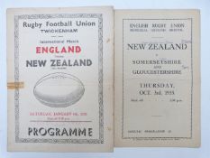Two Rugby programmes New Zealand v Somersetshire and Gloucestershire 1935 and England v New