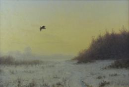 Julian Novorol (b1949) oil on canvas of a woodcock in flight in winter landscape, signed and dated