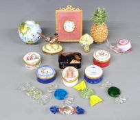 A collection of enamel boxes and novelty items including Kitney and Co clock, enamel globe,