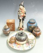 Three cloisonné pots, two being lidded, height of tallest 12cm, carved wooden man in a blanket