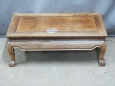 Chinese elm low altar table raised on ball and claw feet, L75 x D40 x H28cm