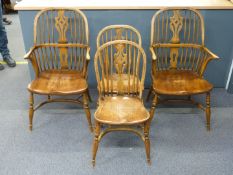Set of four (2+2) bespoke elm seated dining chairs including two Windsor examples