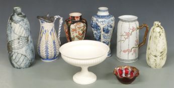 Two Victorian relief moulded jugs, two Cam Pottery bottle vases, Chinese blue and white vase with