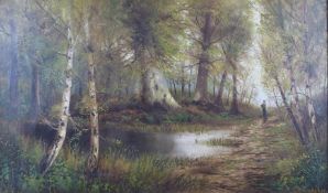 J Williamson oil on canvas woodland path with figure in distance, signed lower right