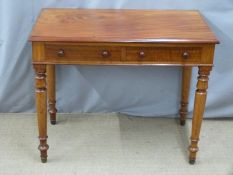 Heal and Son Victorian mahogany two drawer hall/ writing table, raised on turned legs, W90 x D50 x