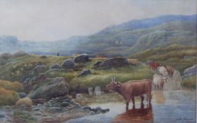 David Gorman watercolour Highland cattle fording a river in mountainous landscape, dated 1878, 27.