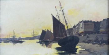 Ferdinand Bonheur (French 1817-1887) oil on canvas of sailing boats in an estuary, one beached, 20 x