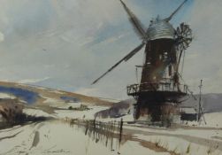 Brian Lancaster (British, 1931-2005) watercolour of a windmill in snowy landscape, signed lower
