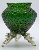 Kralik Diaspora or similar iridescent green glass vase with applied clear feet, 14cm tall.
