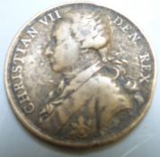 Christian VII of Denmark brass medal commemorating his visit to England August 10th 1768, diameter