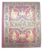 Victorian scrap album with greetings cards, cut out figures, Eiffel Tower, humorous, military,